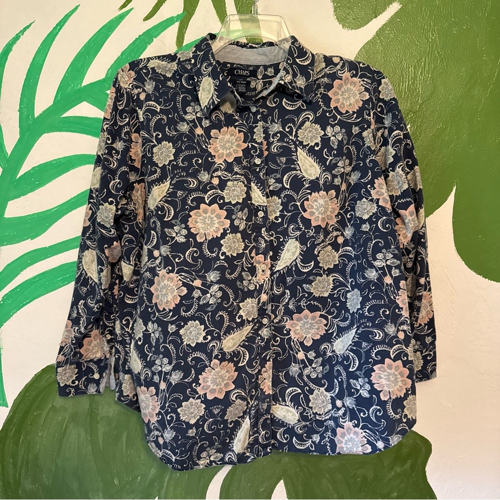 Chaps No Iron Navy Floral Button-Down Shirt with Pink & Cream Accents